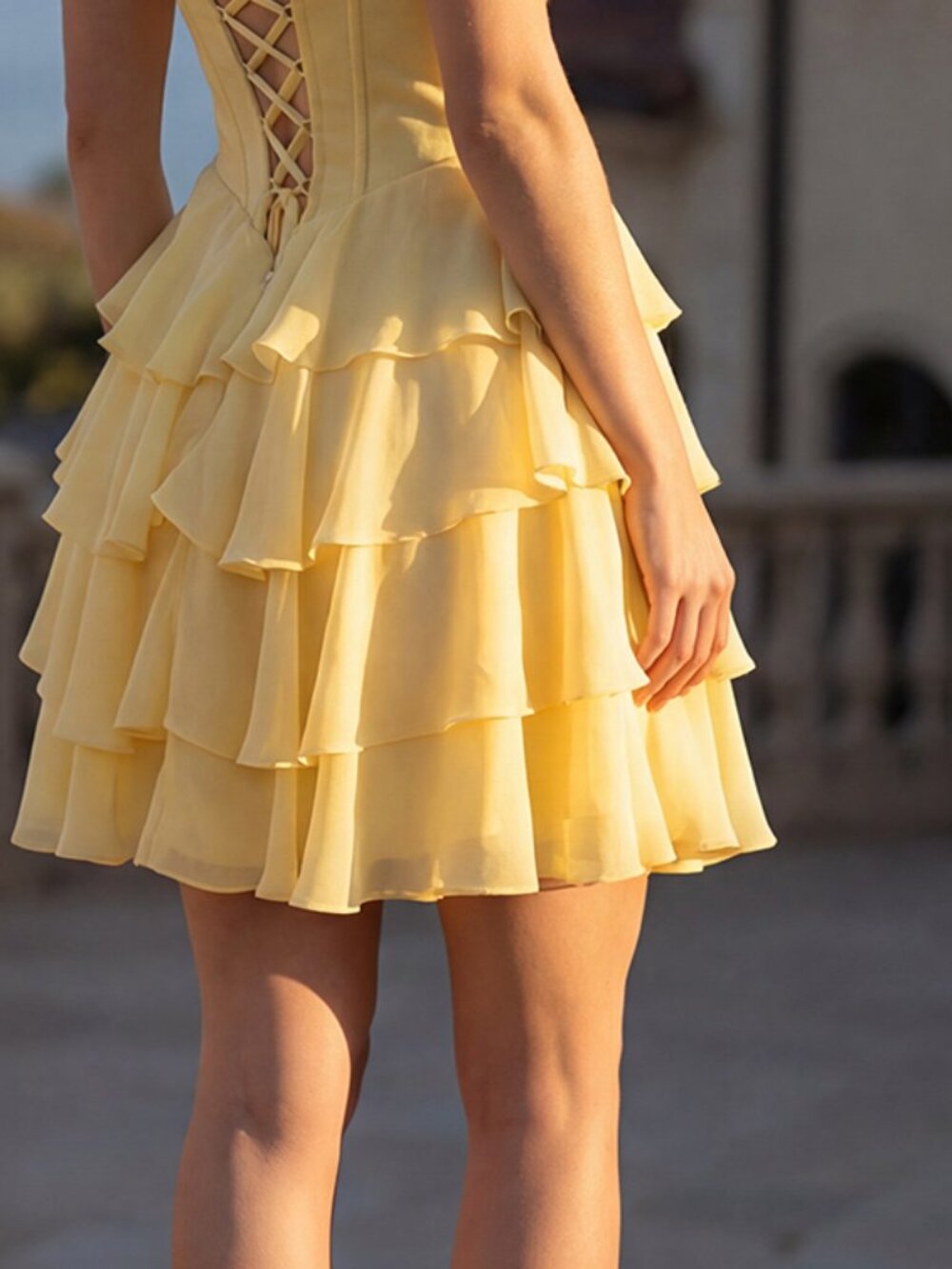 New Yellow Short Fit & Flare Holiday Parties Dress w/ Corset Bodice JT7110A - Picture 8 of 8